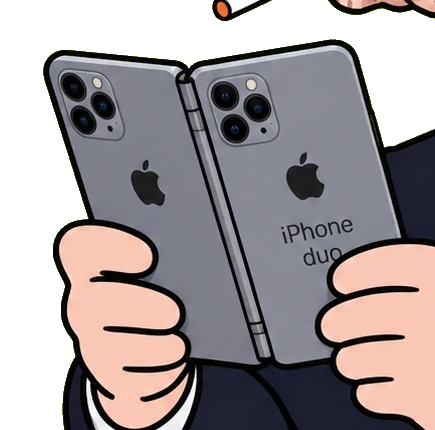 the Duophone open, both screens facing him